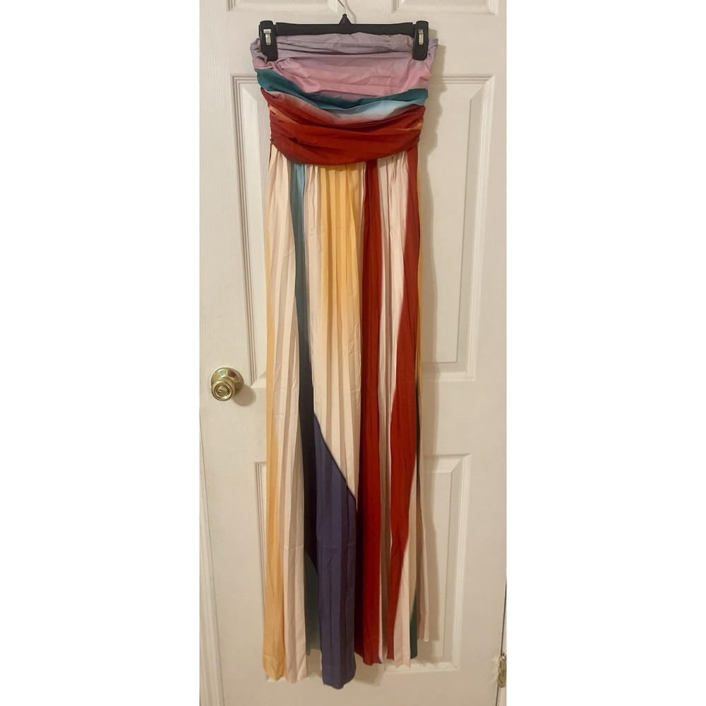 Multicolor Pleated Maxi Dress Strapless Colorblock Sleeveless Casual Women Med.